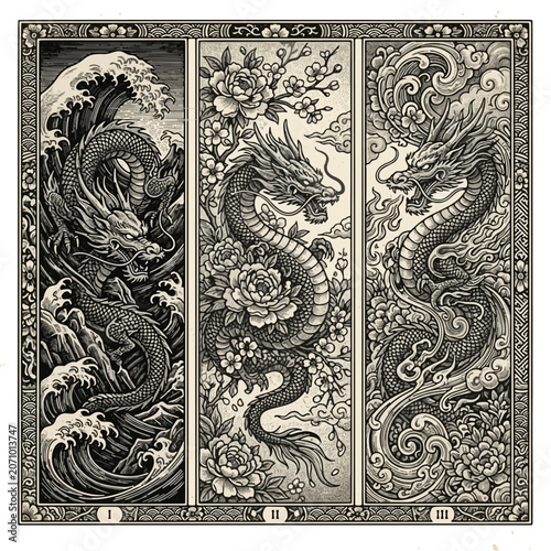 Vintage black and white triptych illustration featuring ornate Asian dragons surrounded by ocean waves, flowers, and swirling clouds in traditional engraving style.