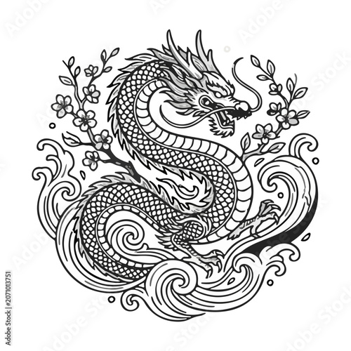 Vintage black and white triptych illustration featuring ornate Asian dragons surrounded by ocean waves, flowers, and swirling clouds in traditional engraving style.