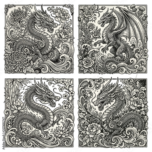 Vintage black and white triptych illustration featuring ornate Asian dragons surrounded by ocean waves, flowers, and swirling clouds in traditional engraving style.