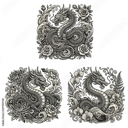 Vintage black and white triptych illustration featuring ornate Asian dragons surrounded by ocean waves, flowers, and swirling clouds in traditional engraving style.