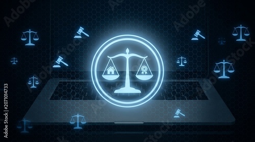Glowing neon justice scales with house and ribbon symbols surrounded by gavel icons on a digital hexagonal pattern overlaying a laptop legal law court online technology concept