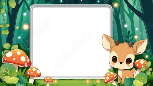 Cute cartoon baby deer next to a blank white frame in a forest. Woodland illustration with red mushrooms and copy space. Kids banner template