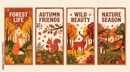 Autumn forest animals illustrations with seasonal nature scenes and wild beauty