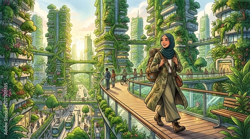 Futuristic Eco City with Woman Walking on Skywalk.
