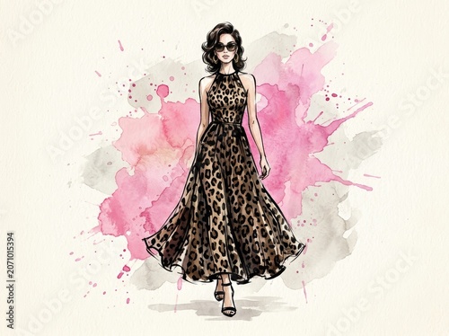 Woman wearing leopard print dress in a fashion sketch. Stylish lady with sunglasses walking on watercolor background. Contemporary apparel design illustration for glamour clothing collection.
