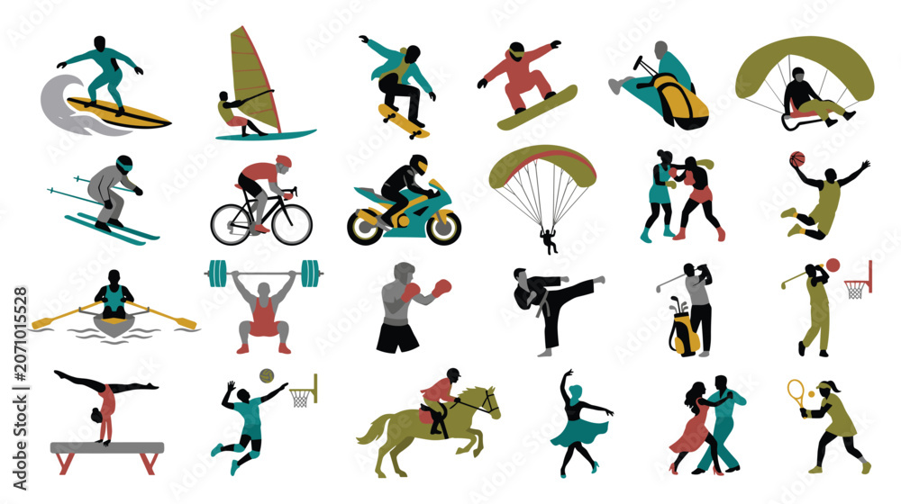 Fototapeta premium Set of isolated vector icons featuring people engaged in various sports and fitness activities.