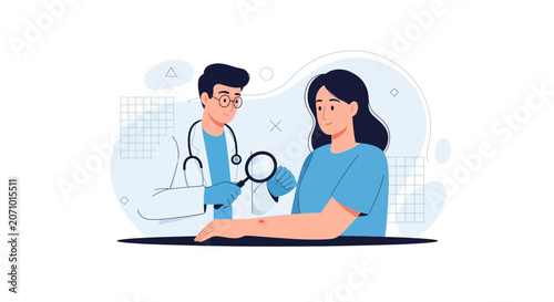Dermatologist Examining Skin Lesion with Magnifying Glass - Vector Illustration
