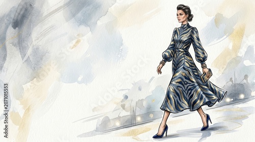 Woman fashion model wearing zebra print gown walking on runway. Artistic watercolor painting of elegant lady in evening attire. Stylish clothing look for luxury style and fashion event.