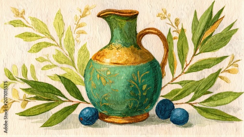 Still life painting of a green and gold ceramic pitcher. Classical watercolor illustration with olive branches and blue plums on textured paper