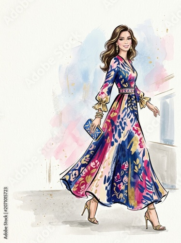 Fashion illustration of a stylish woman wearing a colorful printed dress. Elegant girl walking in luxury summer clothing. Artistic drawing for beauty, lifestyle and fashion design concept.