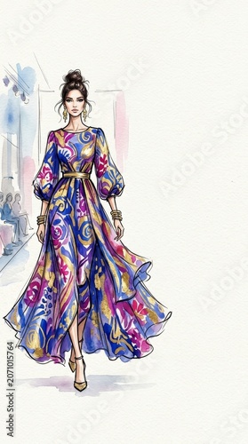 Fashion model wearing a colorful floral pattern dress walking on a runway. Hand drawn watercolor illustration of a woman in luxury couture outfit. Stylish design for clothing industry.