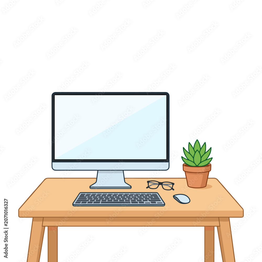 Fototapeta premium Desk setup with computer, keyboard, mouse, glasses, and plant