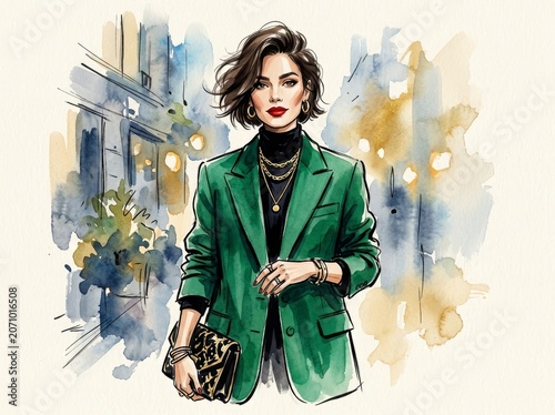 Watercolor illustration of a fashionable woman wearing a green blazer and holding a clutch. Stylish lady in professional business attire walking in the city. Urban fashion concept.