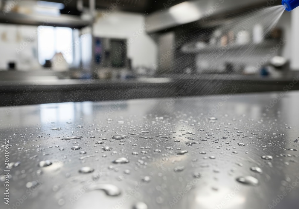 Obraz premium Spraying cleaning liquid onto stainless steel table in commercial kitchen. Worker sanitizing surface with disinfectant for hygiene and maintenance. Daily housekeeping and sanitation task.