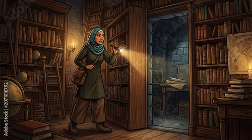Woman with Flashlight Discovers Secret Passage in Library.