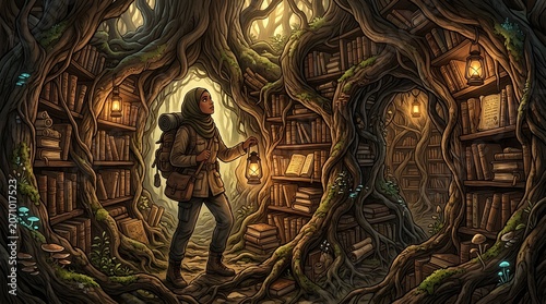 Enchanted Forest Library with Explorer and Lantern.