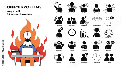 Tableau sur toile Office problems vector illustrations set showing workplace stress and bad work atmosphere