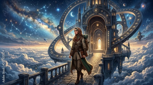 Steampunk Explorer Gazes at Celestial Orrery Above Clouds.