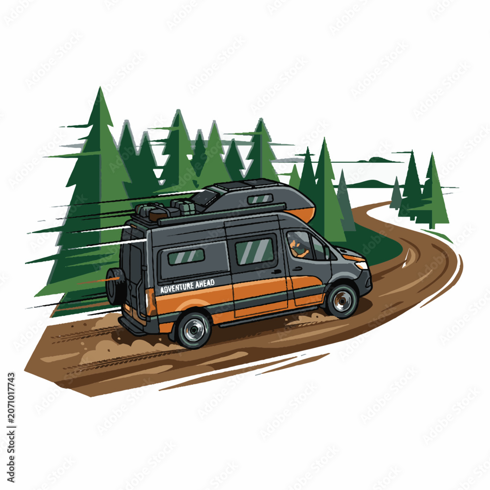 Obraz premium Adventure camper van driving on a winding dirt road through a dense pine forest illustration.