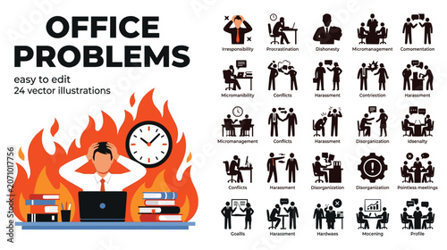 Foto Office problems flat vector illustrations set, easy to edit 24 vector illustrations