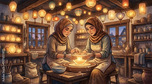 Two Muslim women in hijabs crafting pottery on a wheel in a cozy workshop.