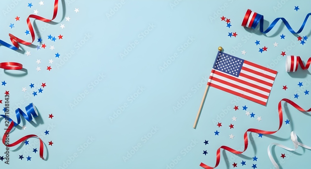 Fototapeta premium American Flag and Red White Blue Ribbons on Light Blue Background for Fourth of July, Independence Day Banner, Greeting Card and Party Invitation