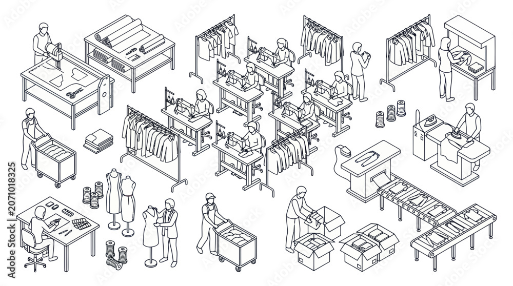 Obraz premium Apparel manufacturing factory line with workers and machinery