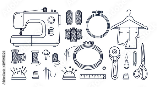 Tableau sur toile Sewing machine and tailoring equipment icons for handicraft