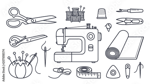 Foto Professional sewing tools and dressmaking equipment line art set