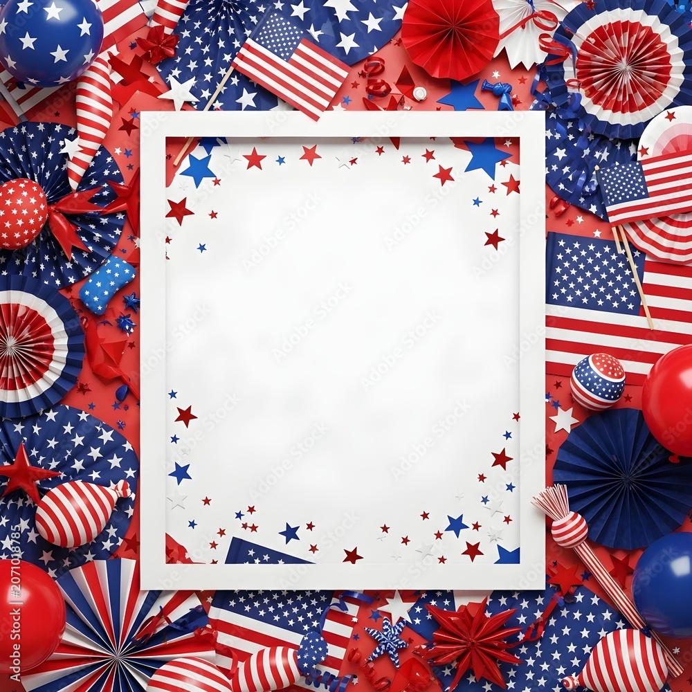 Fototapeta premium Fourth of July Patriotic Party Frame with American Flags, Stars and Copy Space for Independence Day Poster, Invitation, Banner and Social Media Design