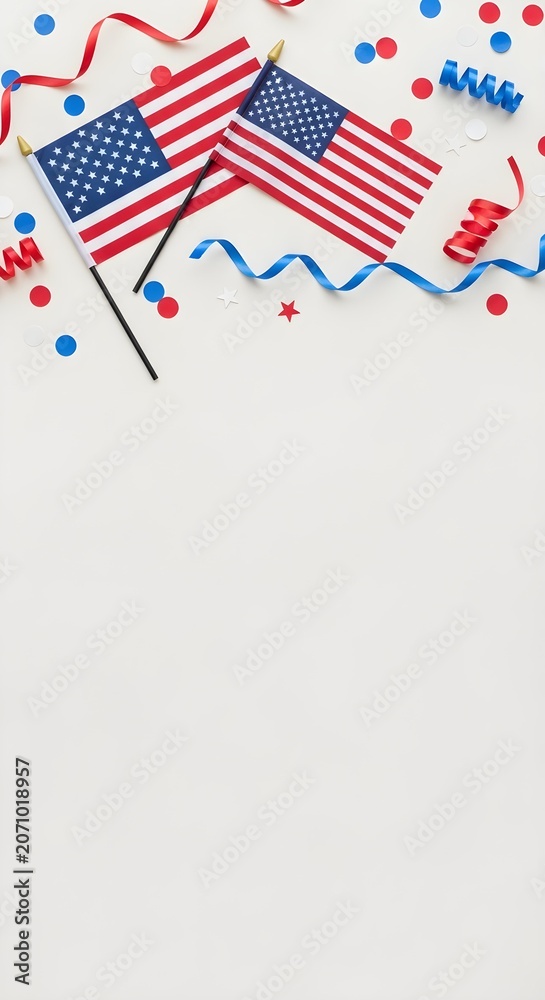 Obraz premium American Flag Party Background with Confetti and Copy Space for Fourth of July, Memorial Day, Veterans Day, Patriotic Holiday Banner