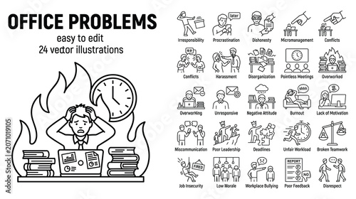 Photos Common office problems and workplace issues linear vector illustrations set for business