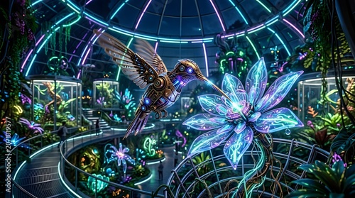 Enchanting Bioluminescent Garden with Mechanical Hummingbird.