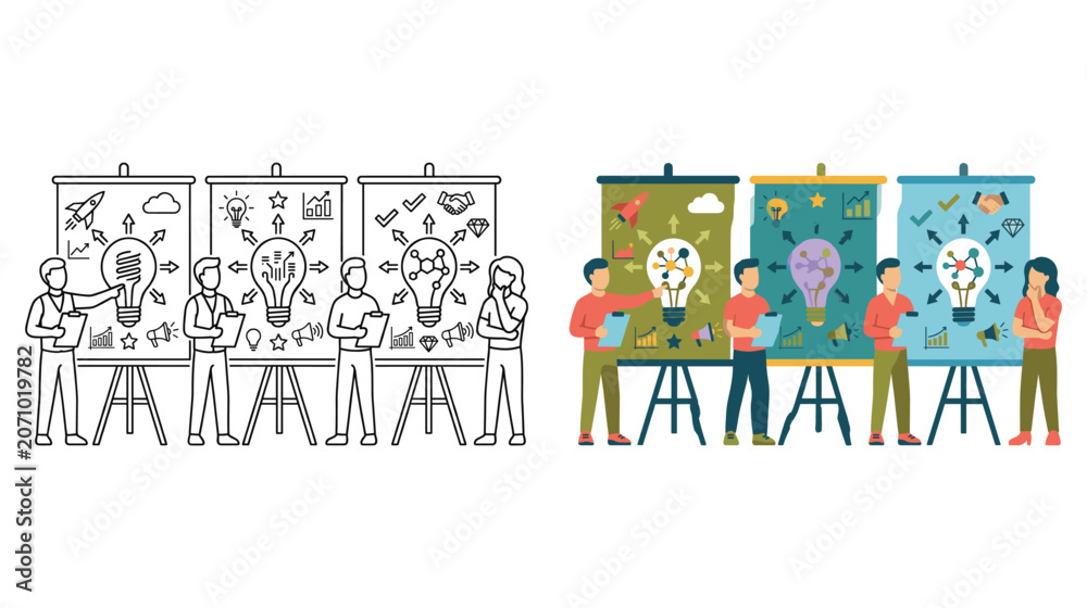 Fototapeta premium Team presenting innovative ideas using flip charts and brainstorming lightbulbs.