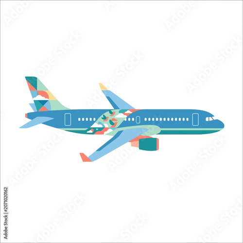 Stylized flat vector illustration of a passenger airplane with colorful geometric patterns on a white background.