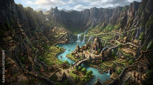 Fantasy Valley Village with River and Waterfalls.