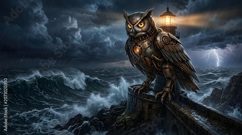 Majestic Owl Guardian of the Stormy Lighthouse.