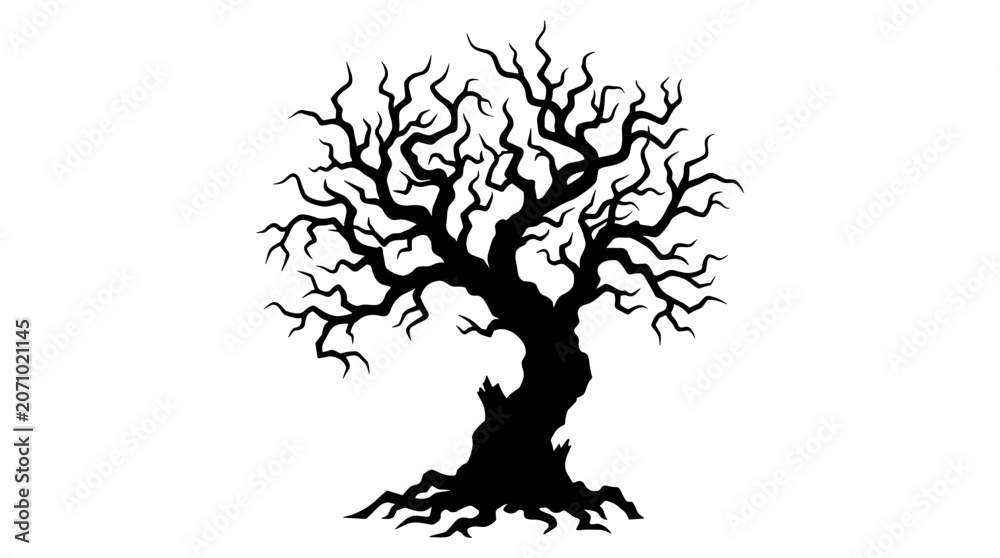 Fototapeta premium Spooky Silhouette of a Gnarled Bare Tree with Twisted Branches and Exposed Roots