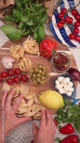 Preparation of Fresh Ingredients for Italian Pasta Dish