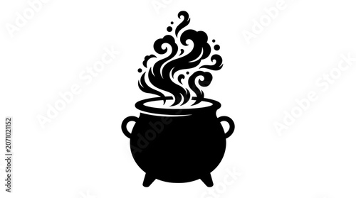 Black silhouette of a cauldron with bubbling steam rising, isolated on white background