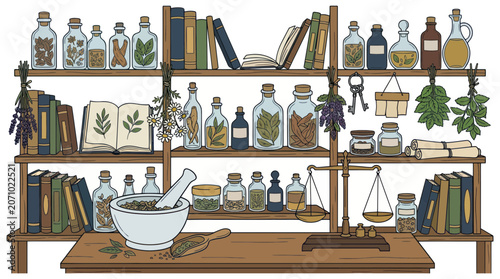 Foto Vintage apothecary shelves with herbal medicine jars and books