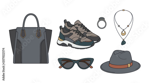 Modern fashion accessories including handbag sneakers hat and jewelry