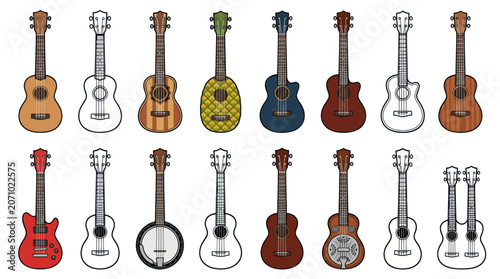 Tablou pe pânză Diverse collection of ukulele and small stringed instrument icons