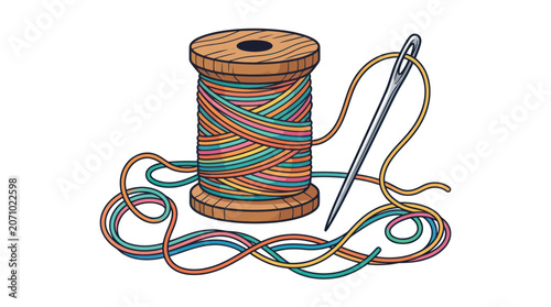Cuadro en lienzo Wooden spool with colorful thread and sewing needle for tailoring