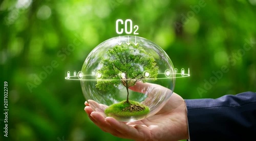 Business holding a glass sphere containing a growing tree with digital c o2 emission reduction representing environmental