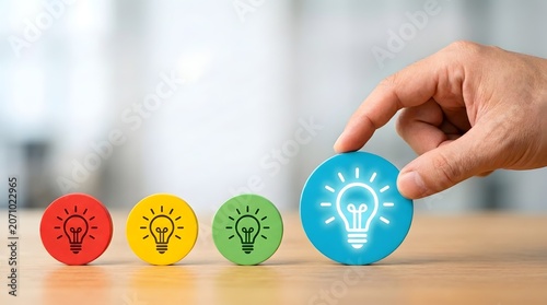 Male hand selecting glowing blue lightbulb icon token on wooden table. Concept of outstanding creative solution, intellectual property development, and smart business strategy.