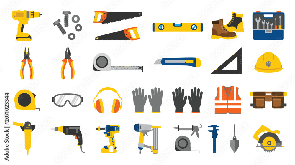 Fototapeta premium Construction and repair tools collection flat vector icons set for hardware home renovation.