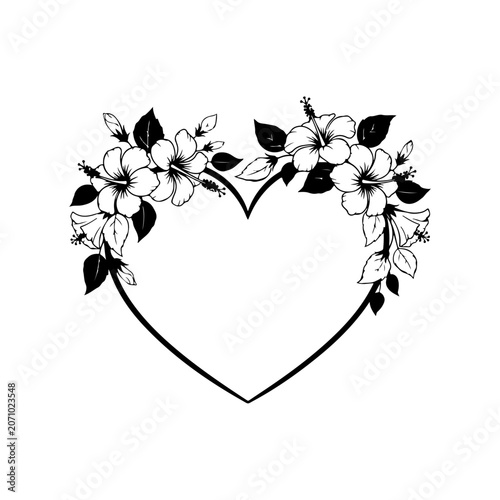 Heart shaped floral frame with hibiscus flowers and leaves.