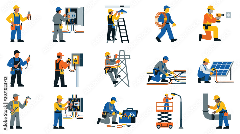 Fototapeta premium Set of electricians professional characters at work isolated on white background flat vector.