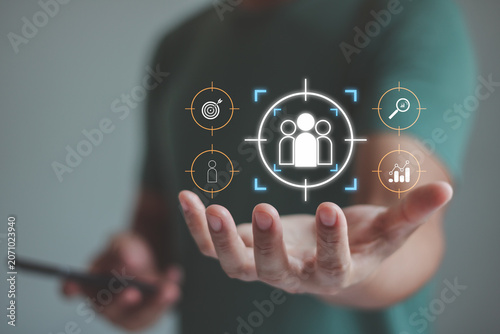 Bild auf Leinwand Man open palm hand, customer targeting and audience segmentation concept, digita